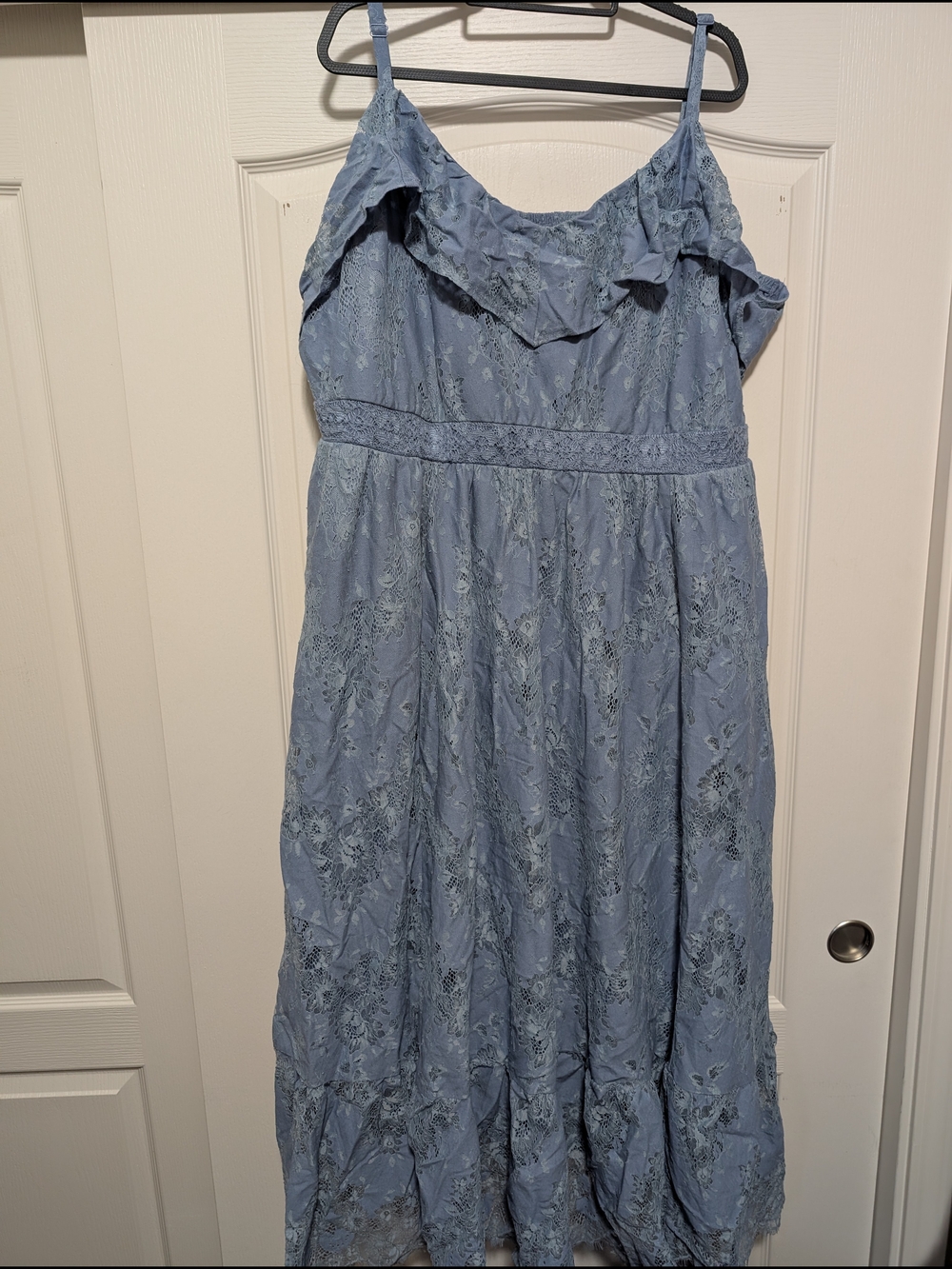 torrid Dusty Blue Floral Lace Midi Dress with Ruffle Neckline
